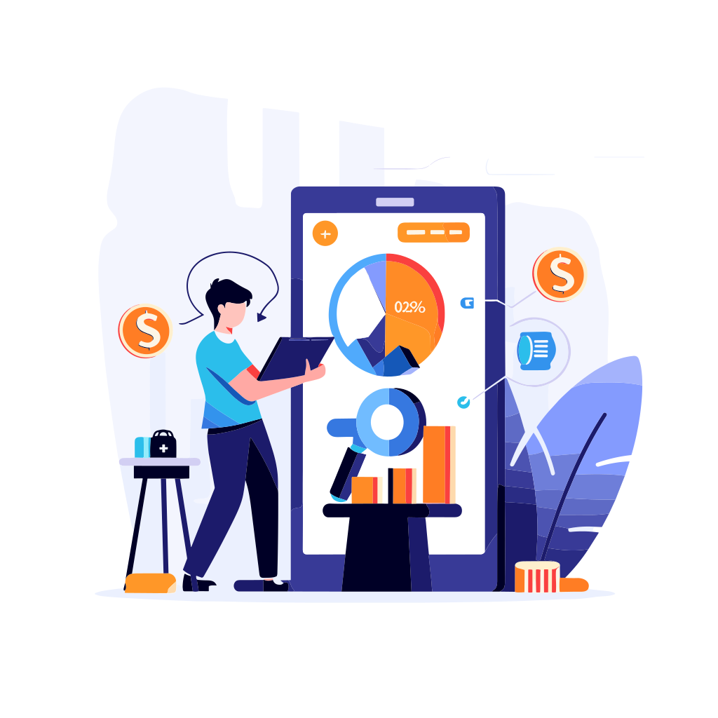 Illustration of business intelligence with data charts and analytics