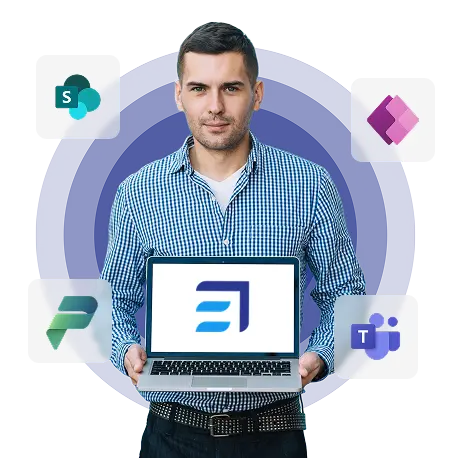 Moderne IT-Dienstleistungen von easytect mit Microsoft 365 und Power Platform | Ein Mann in einem karierten Hemd hält einen Laptop mit leerem Bildschirm, der die Microsoft-Beratungsdienste symbolisiert