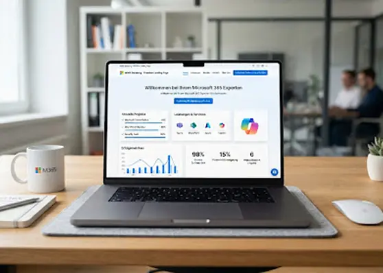 Laptop im Büro zeigt Dashboard mit Diagrammen für Microsoft 365 Beratung