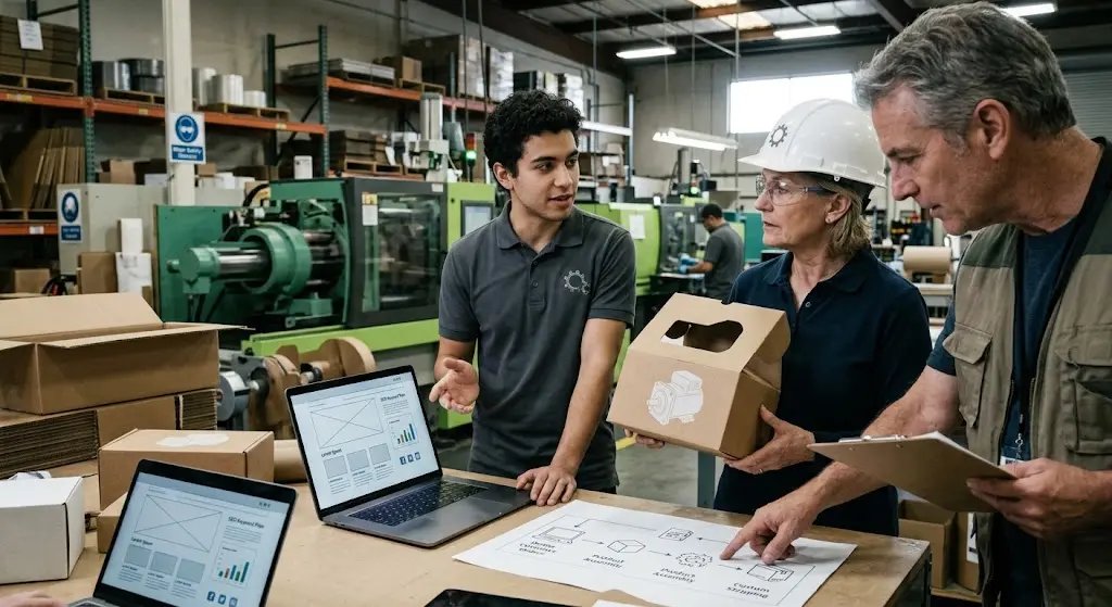 Mitarbeiter in einer Fertigungshalle bei der Verpackung von Produkten, Beispiel für den Kunden Produzierendes Unternehmen